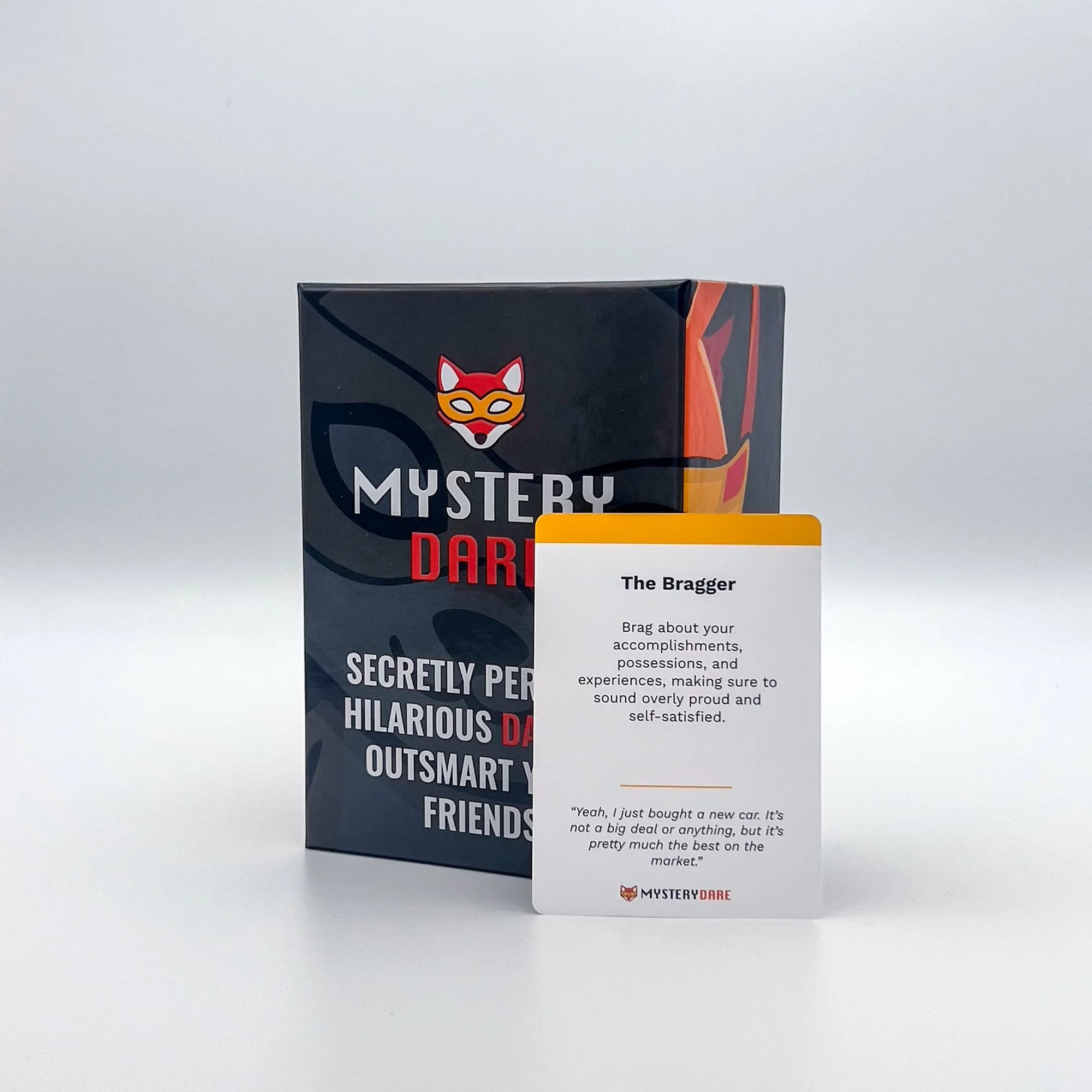 The Mystery Dare box beside a dare card reading 'The Bragger'